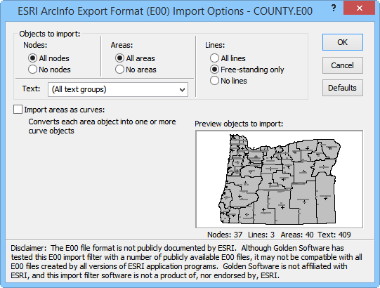 ESRI ArcInfo Export Format (E00) Import Opotions